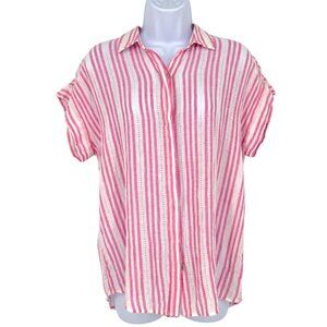 Rails Jamie Kokomo Stripe Linen Blend Short Sleeve Blouse Pink White Size Small